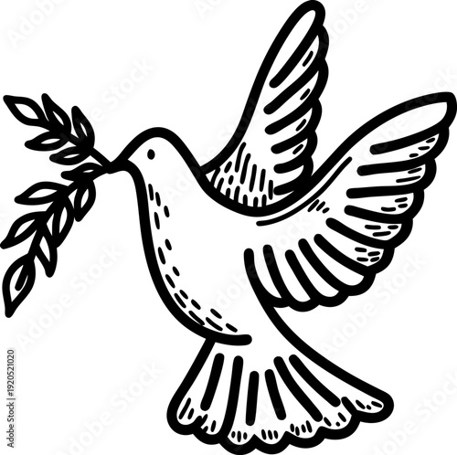 Dove with olive branch peace symbol bird flying carrying leaf branch hand drawn black line art illustration
