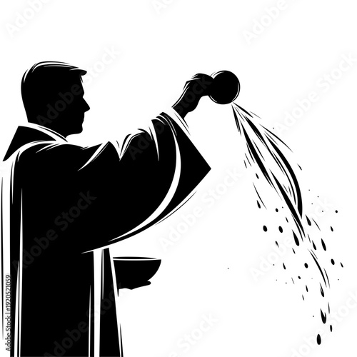 Priest pouring water during religious ceremony, black and white silhouette