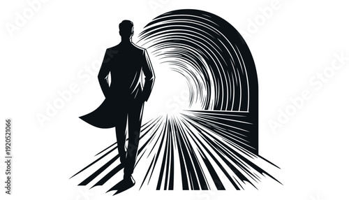 Silhouette man walking toward light tunnel with cosmic rays