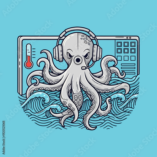 Octopus wearing headphones in front of a sound mixing board.