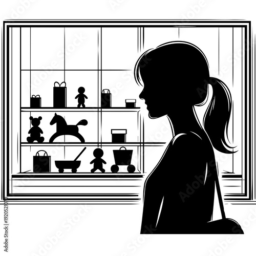 Woman silhouette observing children’s toys in window display