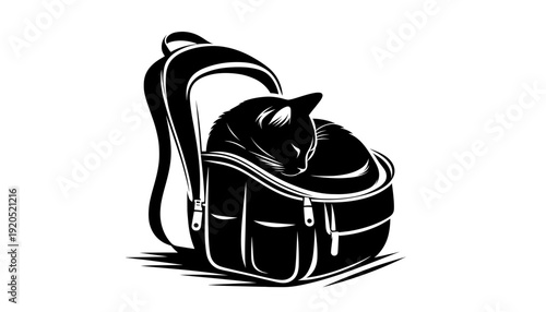Black cat resting on suitcase in minimalist sketch, travel theme