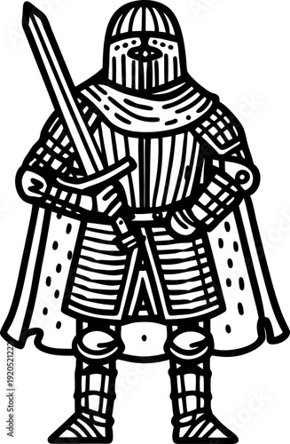 Medieval knight in full armor holding sword standing ready for battle
