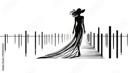 Elegant silhouette woman walking along wooden path by canal with flowing gown