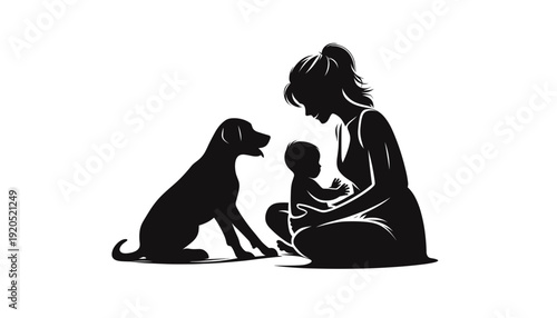 Mother bonding with baby and pet dog silhouette