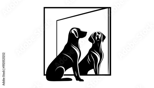 Black dog looking at mirror confused