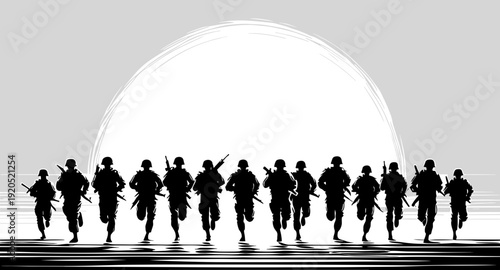 Troops jogging together during sunset silhouette