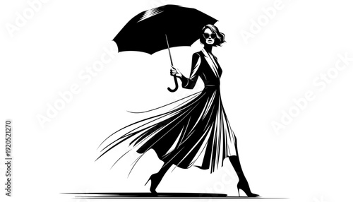 Vintage woman walking elegantly holding umbrella in windy street