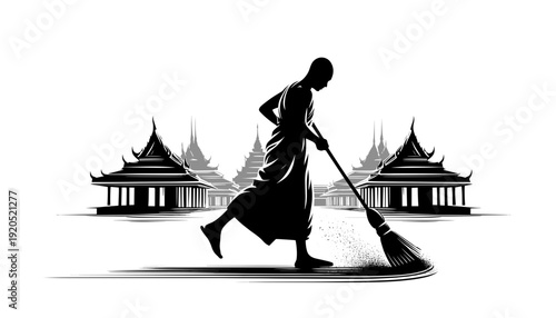 Monk sweeping with temple background