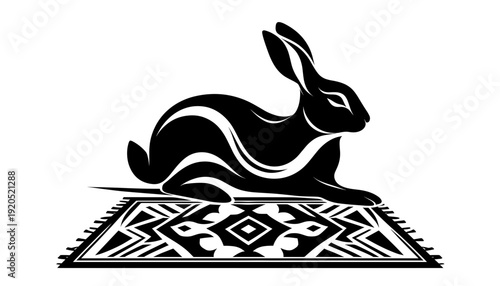 Black rabbit sitting on patterned rug illustration