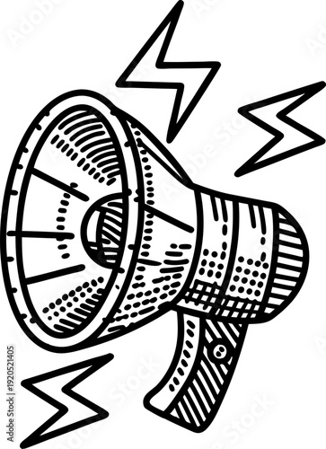 Loud megaphone with sound waves hand drawn illustration, announcement, communication, promotion, alert