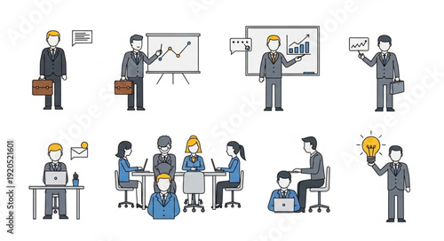 Business people in various work situations and meetings.