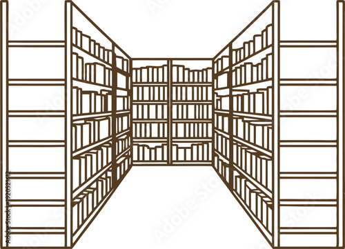 Library book shelves filled with books in organized rows and columns, reading room interior concept