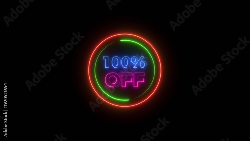 Up to 100% Off Neon Discount Offer Text background. 100 Percent Sale Promo Icon, Glowing Light Effect.
