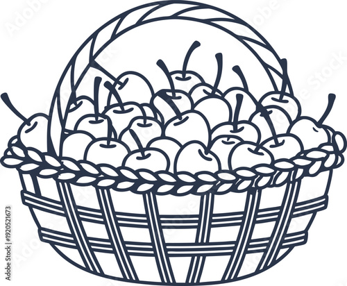 Basket filled with cherries in a woven basket with handle, line art illustration