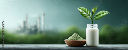 Botanical concept with green powder, raw material and healthy plant on natural background representing wellness and sustainability