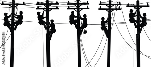 Silhouettes of Linemen Climbing and Working on Utility Poles utility workers power lines