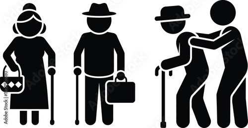 Elderly people with walking aids and accessories