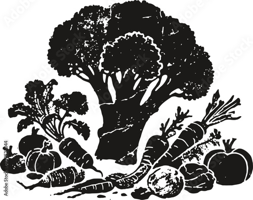 Vintage illustration of assorted fresh vegetables including broccoli, carrots, pumpkins, and radishes