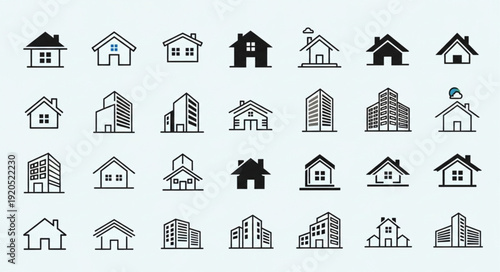 Collection of house and building icons in a grid pattern.