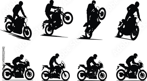 Black silhouette of a motorcyclist performing stunts and riding a motorcycle rider