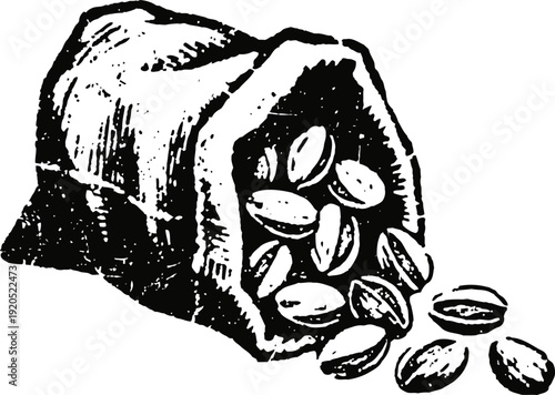 Hand drawn sack spilling coffee beans in vintage sketch style, rustic agriculture illustration