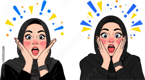 Surprised Arab woman vector illustration set with two different expressions. Features a young woman in a black hijab with wide eyes and open mouth, hands on cheeks, showing shock and amazement.