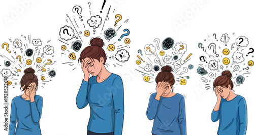 Woman suffering from headache and stress with thought bubbles and question marks above her head, depicting mental health issues, anxiety, and confusion in a vector illustration.