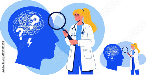 Psychologist or psychiatrist examining a patient's mental health issues and confusion, represented by a tangled brain with question marks. A female doctor in a white coat holds a magnifying