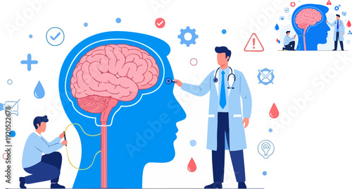 Mental health and psychology vector illustration with doctors examining a large human head and brain. Concept of neurological care, therapy, and psychiatric treatment in a flat cartoon style.