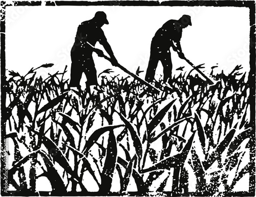 Silhouettes of two farmers working in a field with tall crops, vintage rustic illustration