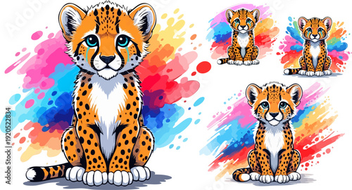 Adorable baby cheetah vector illustration set featuring a cute cub with blue eyes and spotted fur, sitting in front of vibrant watercolor paint splashes in a playful cartoon style.