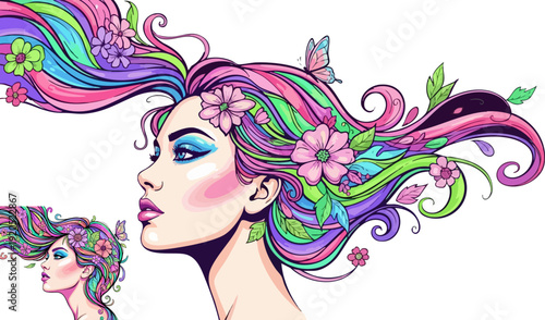 Beautiful woman with long flowing hair adorned with colorful flowers and leaves, creating a vibrant, whimsical, and ethereal natural beauty illustration. Created in a detailed vector art style