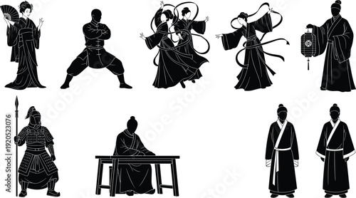 Ancient Chinese culture characters silhouettes traditional clothing warrior dancer scholar vector illustration isolated collection set