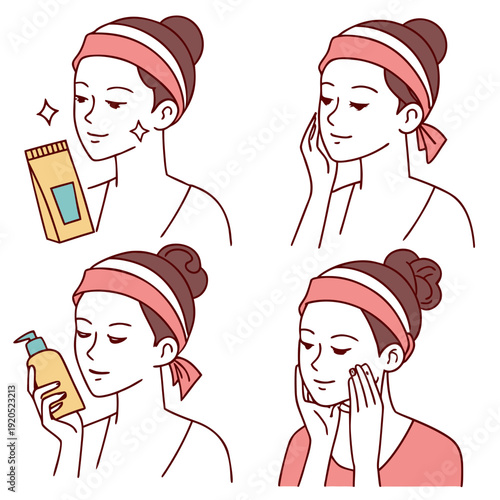 Flat Vector Illustration Set of a Woman Applying Facial Cream and Serum for Daily Skincare Routine
