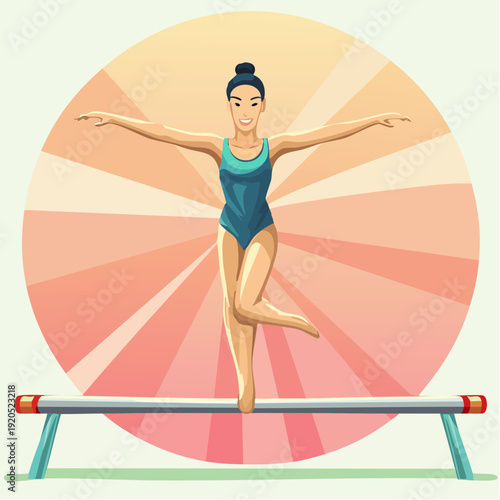 Dynamic illustration of a graceful female gymnast demonstrating incredible balance and precision on a narrow beam
