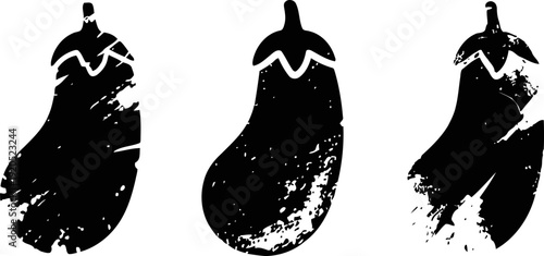 grunge eggplant silhouettes set with textured distressed effect isolated on white background
