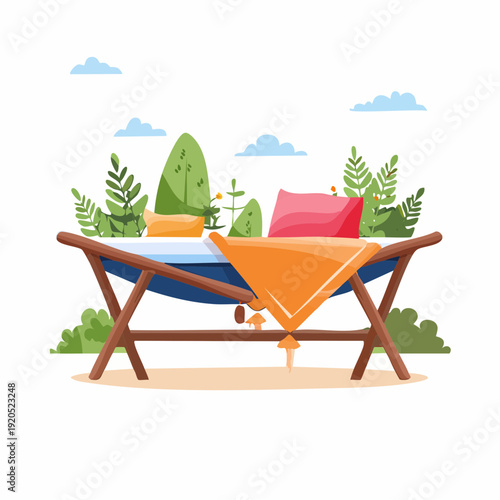 Cozy Hammock with Pillows and Blanket Amidst Lush Greenery and Gentle Clouds