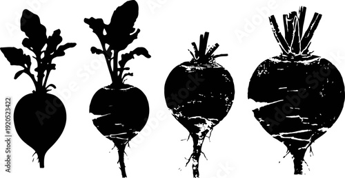 Silhouettes of four beets with leafy tops, varying sizes, root vegetables, garden harvest illustration