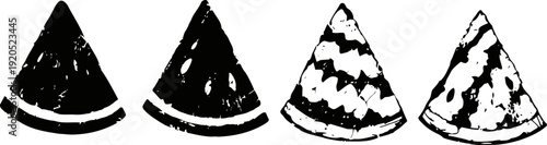 four black and white watermelon slices with textured vintage and rind details