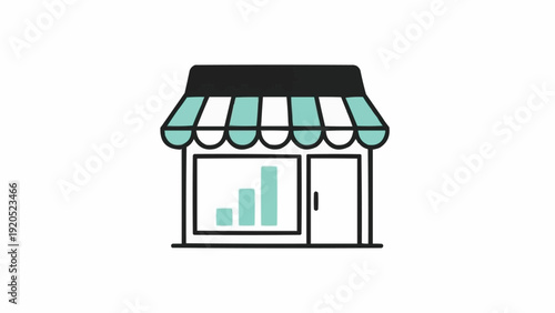 Storefront with striped awning and graph.