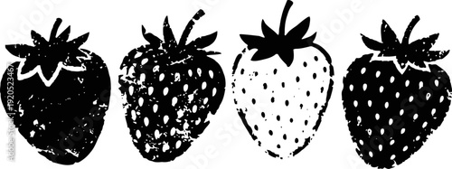 Four stylized strawberry silhouettes in black and white with varied textures and seed patterns