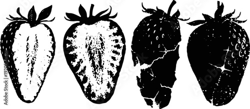 black and white strawberry illustrations with detailed textures and various stages of slicing and damage