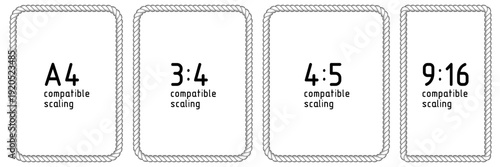 Rope frames, set of string brush borders. Rectangular, A4 compatible, 3:4, 4:5, 9:16 aspect ratio shapes for decorative sailor, western designs. Black vector illustration isolated on white background.