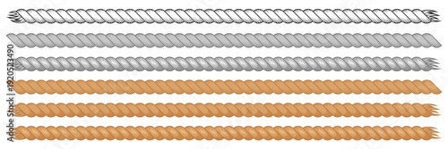 Rope string patterns, set of braid thick borders made of brush. Cowboy or sea, nautical, marine knit cords. Western decorative textured cables. Vector illustration isolated on white background.