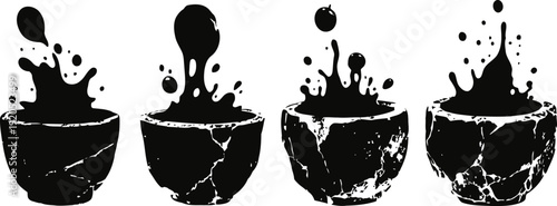 black paint splashes in cracked stone bowls abstract liquid motion and splash art set