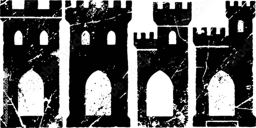 Black silhouette of medieval castle towers with arched gates and crenellations