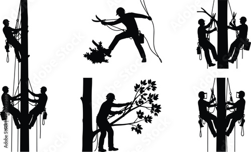 Arborist tree climber silhouette set with rope access pruning and tree cutting workers vector