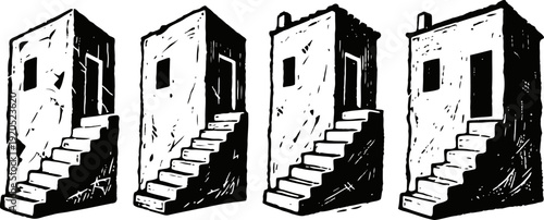 four black and white illustrations of old stone staircases with doors and windows in vintage