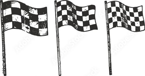Checkered racing flags waving on poles illustration set, motorsport symbols of finish and victory
